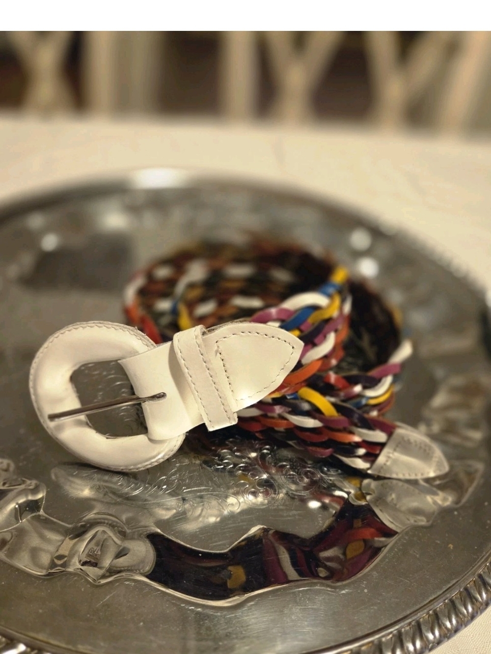 Woven Multicolor Leather Belt with White Buckle